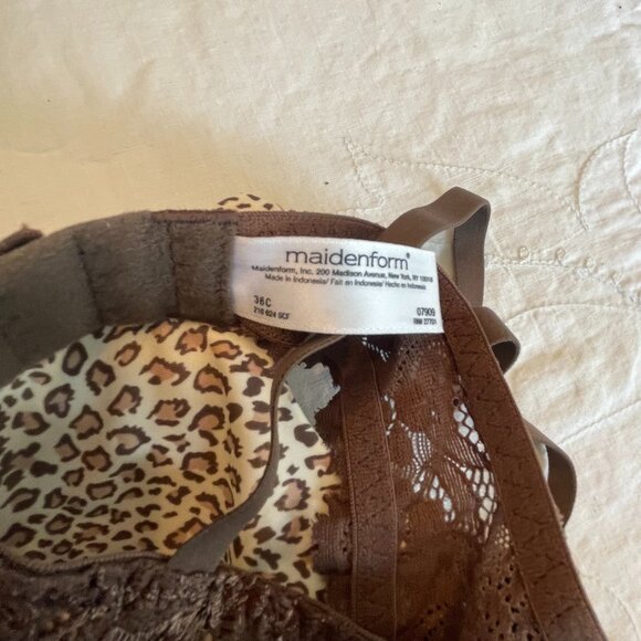 Maidenform Bra 36-C, Brown Leopard Print Soft Thin Foam Cups, Dark Brown Lace - Picture 4 of 5